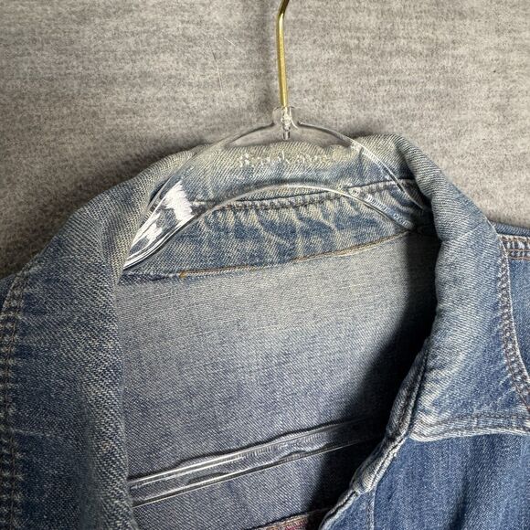 Vintage Denim Chore Jacket Shacket Women LARGE Blue Jean Barn Workwear Destroyed - Picture 4 of 11